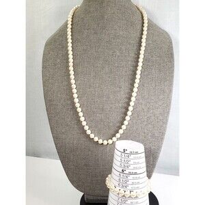 Vintage Knotted Faux Pearl Gold Tone Fish Hook Clasp 30"  Necklace & 7” Bracelet